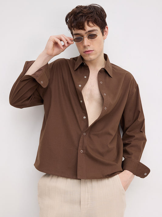 Luxe Chocolate Brown Cord Boxy Fit Crop Shirt
