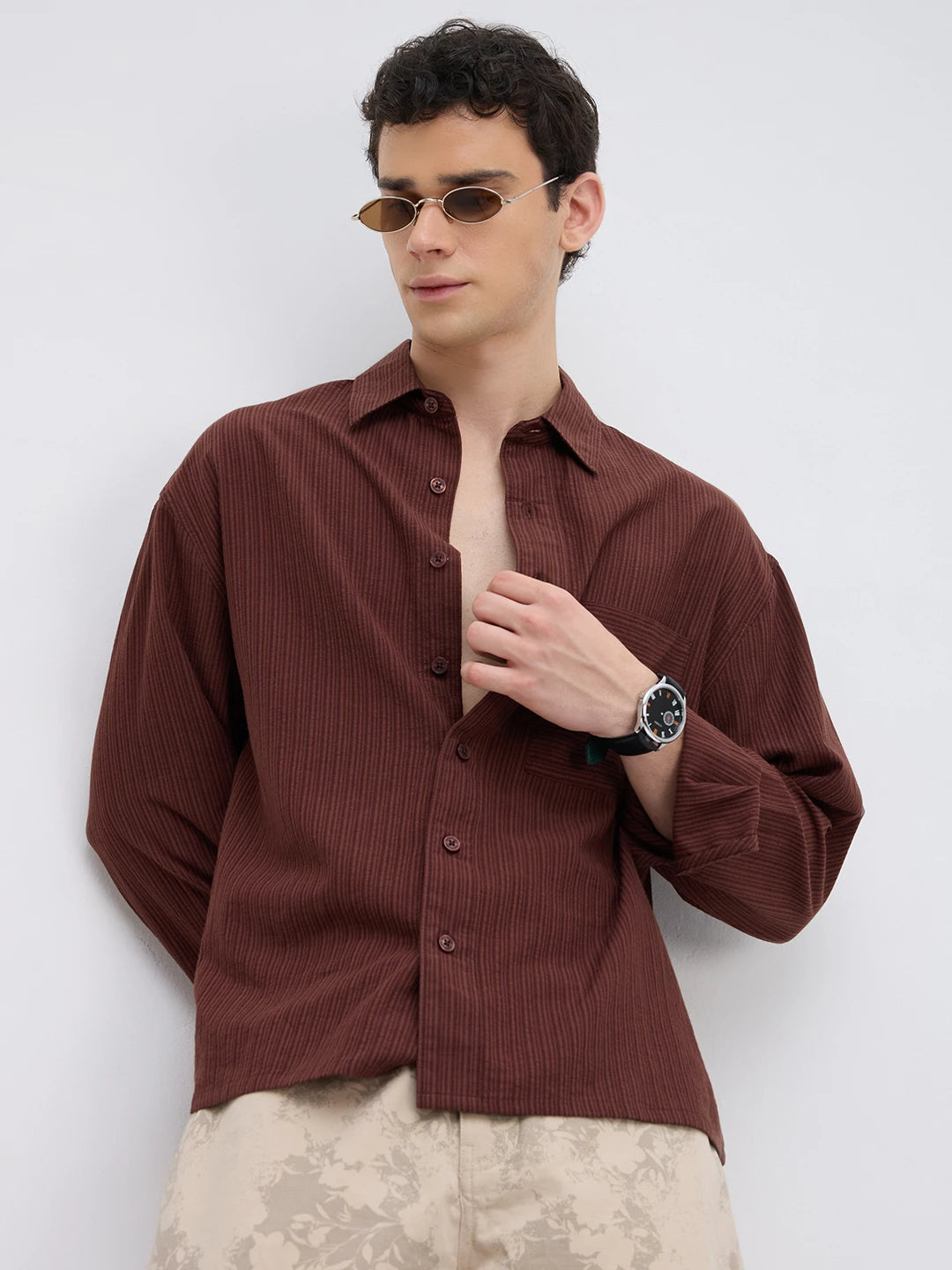 Elegant Coffee Brown Striped Boxy Fit Crop Shirt