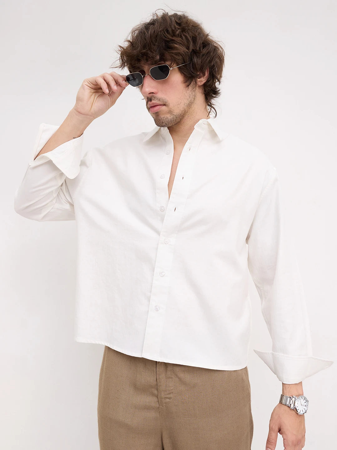 Pure White Herringbone Textured Boxy Fit Crop Shirt