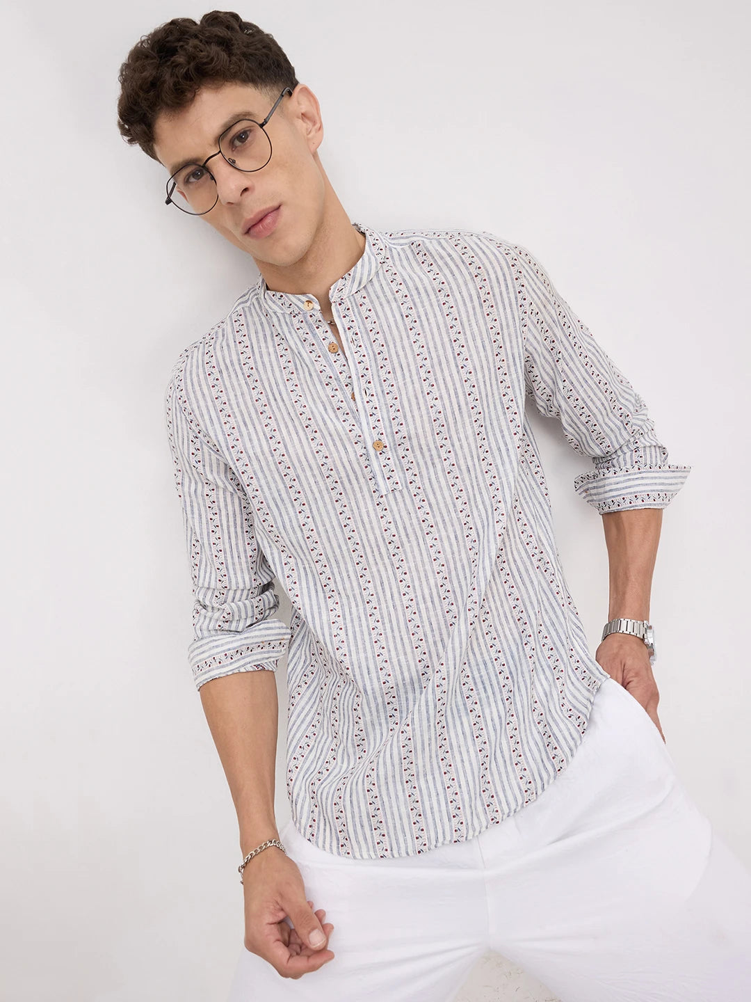 Coastal Mist Linen Blend Striped Kurta