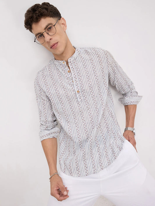 Coastal Mist Linen Blend Striped Kurta