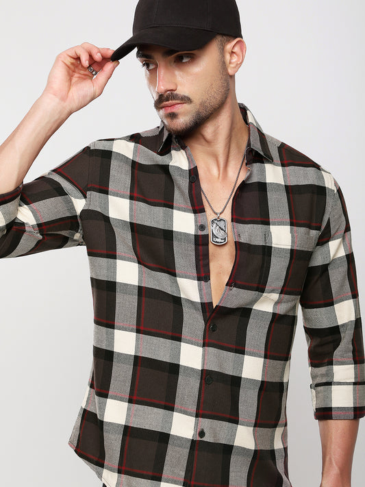 Premium Cotton Coffee Brown & White Plaid Checks Shirt