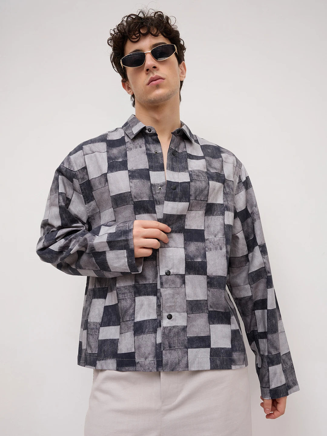 Graphite Grey Abstract Printed Cuffless Oversized Shirt