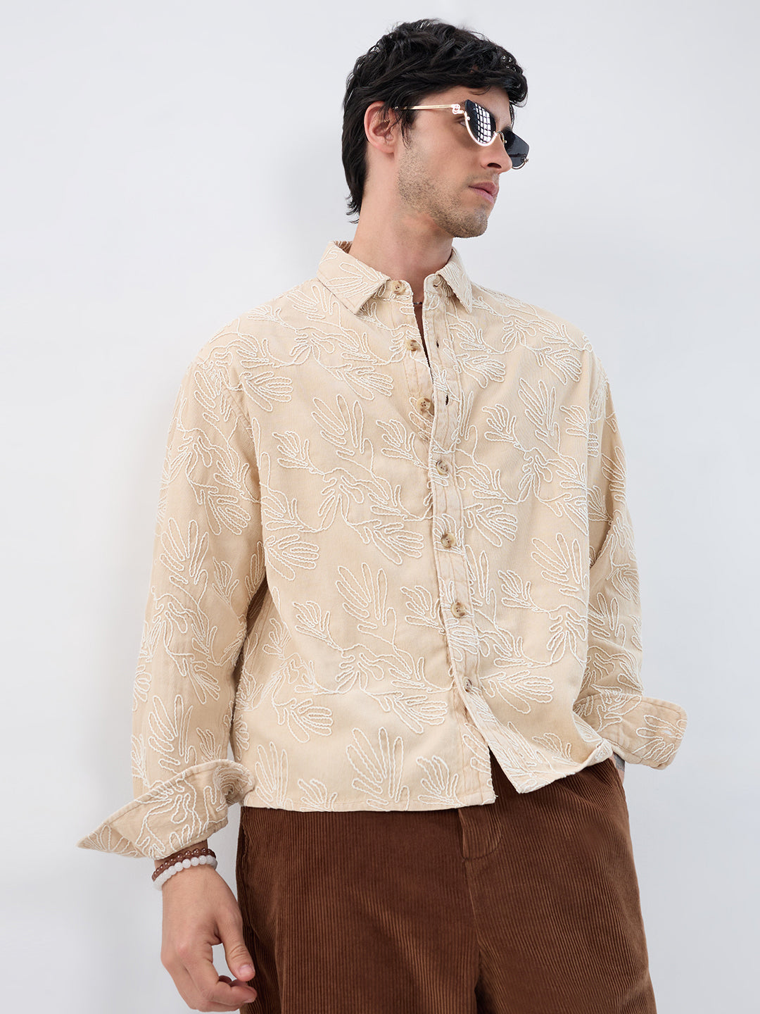 Denim Bisque Beige Artistic Embroidered Boxy Fit Crop Shirt