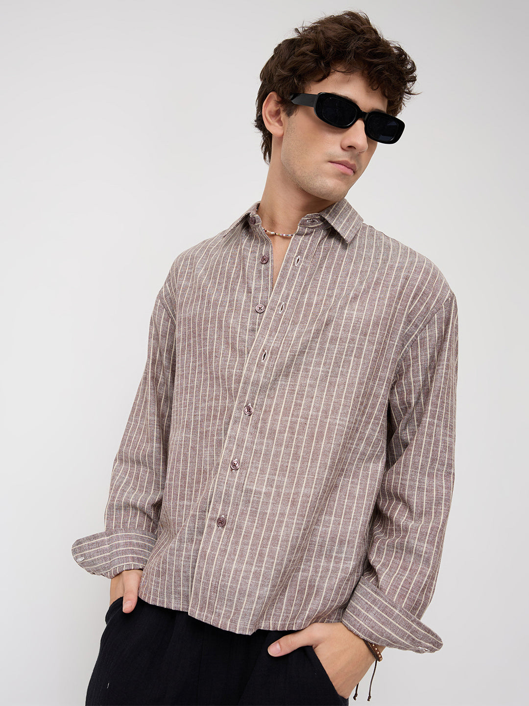 Brown & Ivory Striped Boxy Fit Crop Shirt