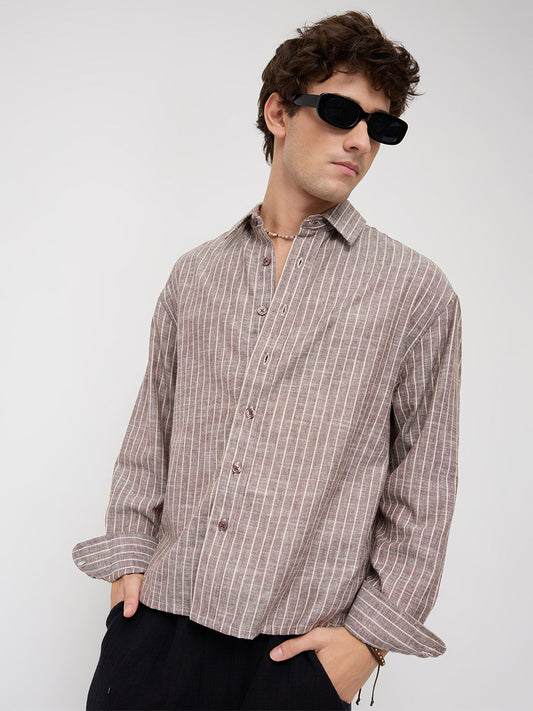 Brown & Ivory Striped Boxy Fit Crop Shirt
