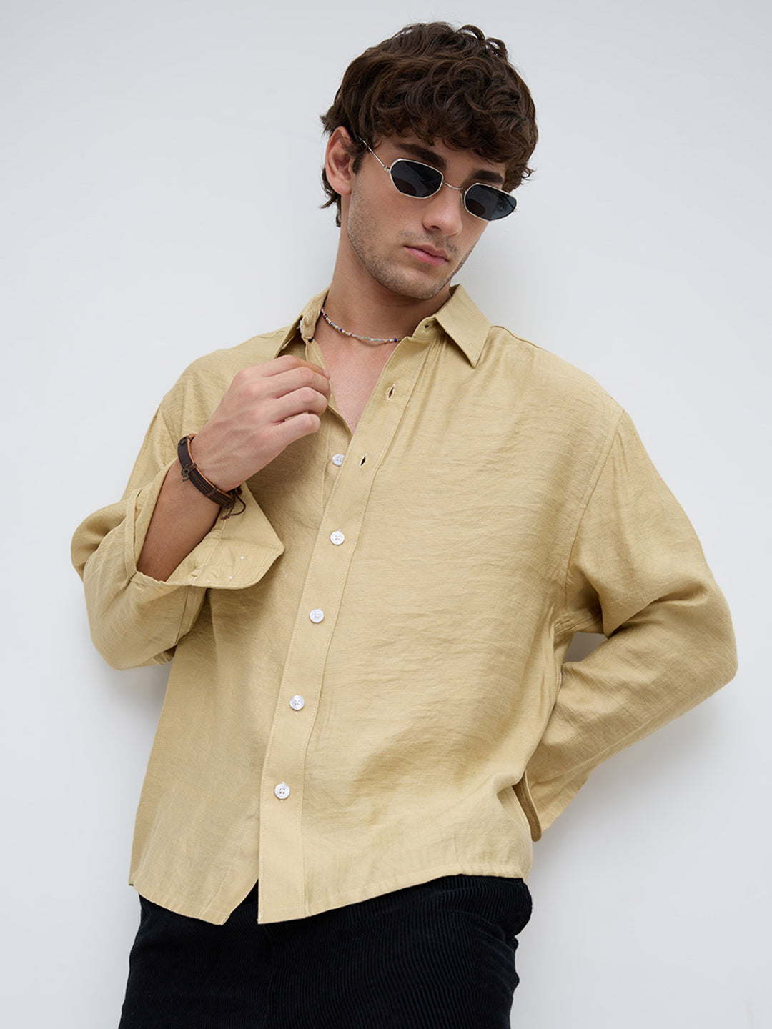 Dessert Gold Textured Boxy Fit Crop Shirt