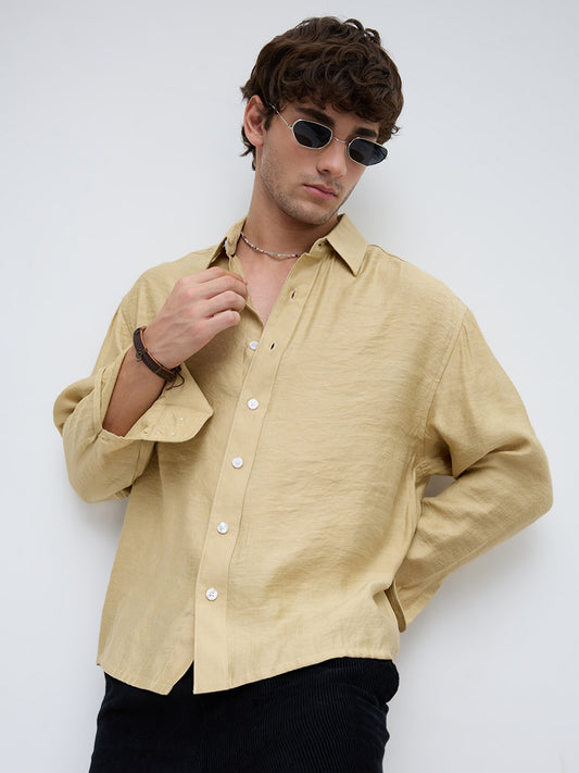 Dessert Gold Textured Boxy Fit Crop Shirt