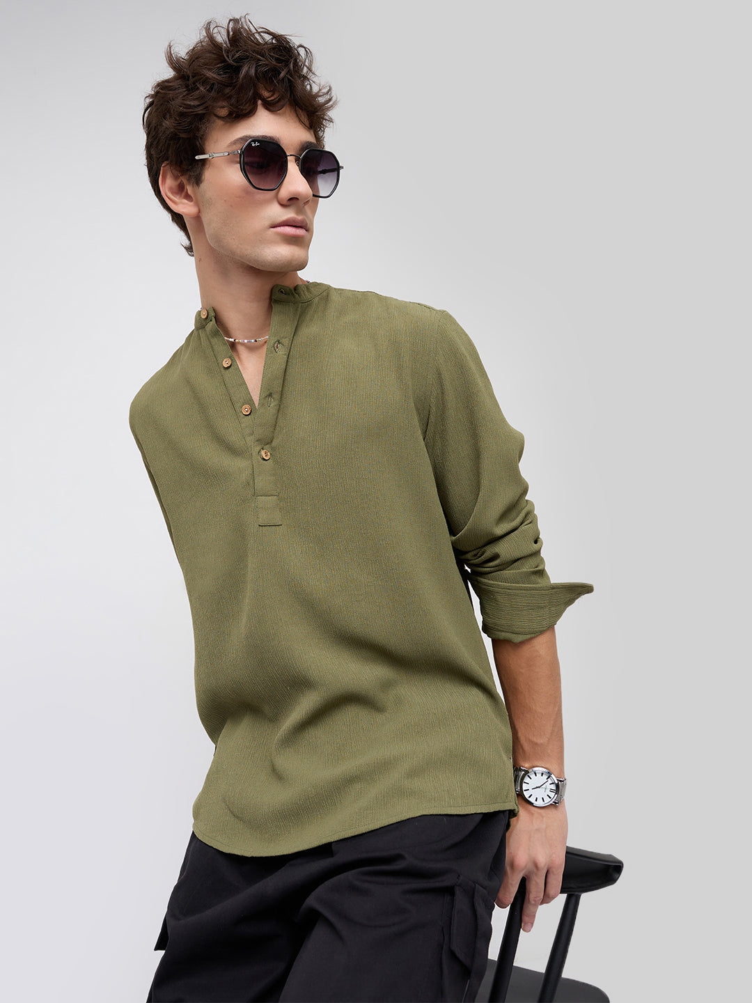 Olive Green Crepe Textured Kurta