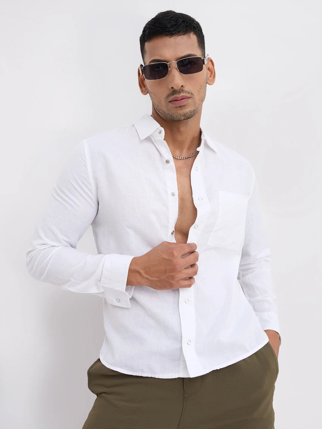 Solid Chalk White Straight Hem Crop Shirt