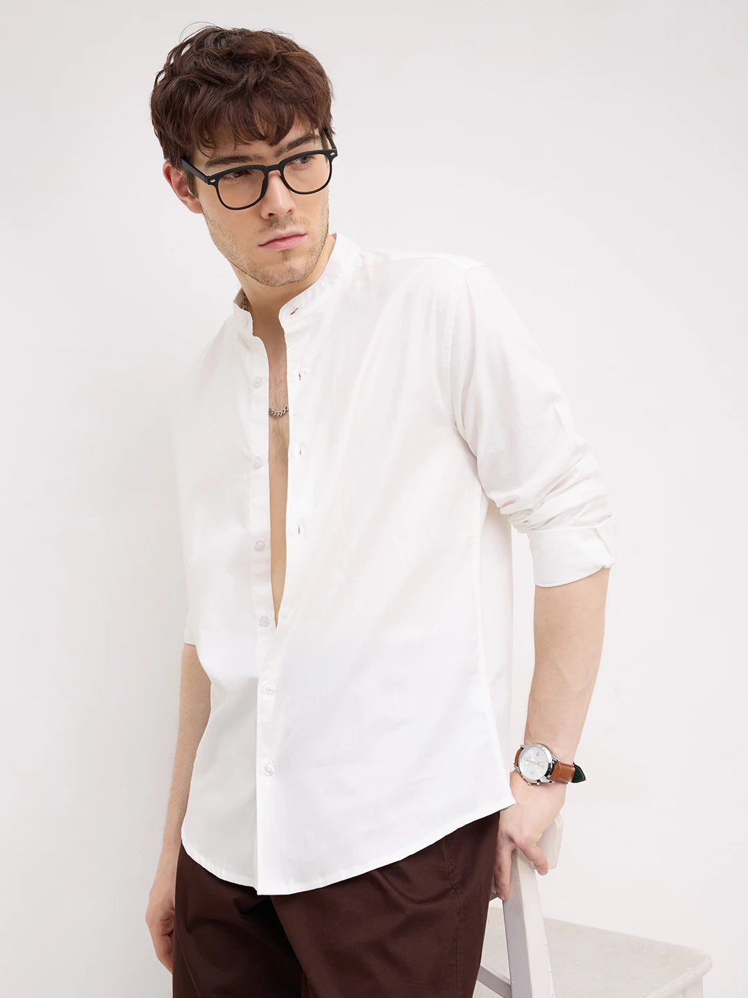 Snow White Herringbone Textured Mandarin Shirt