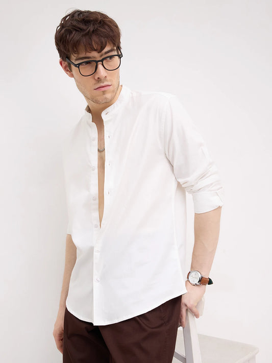 Snow White Herringbone Textured Mandarin Shirt