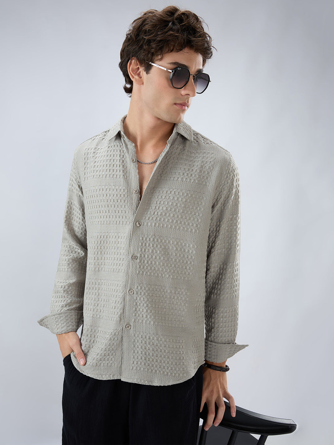 Intricate Grey Raised Motif Textured Shirt