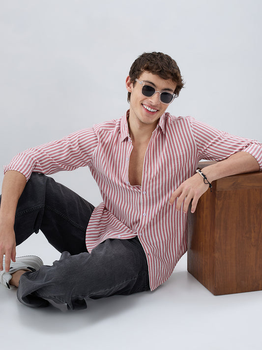 Berry Red Soft Candy Striped Vacation Shirt