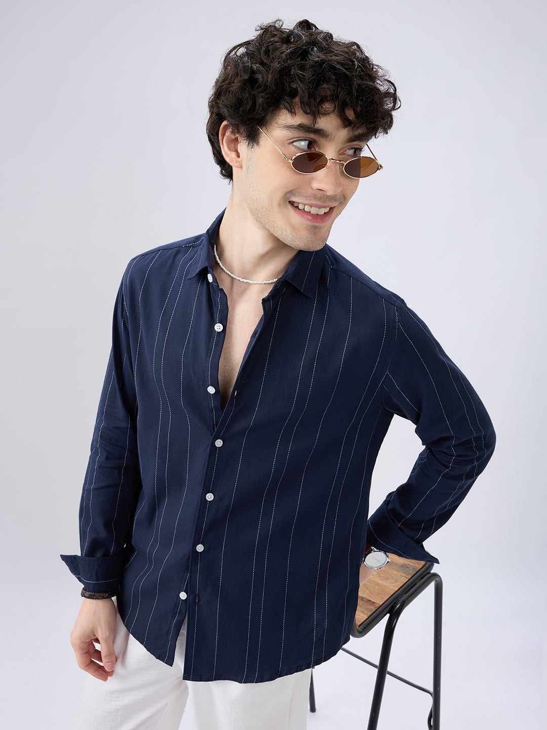 Navy Contrast Stitch Vertical Striped Shirt