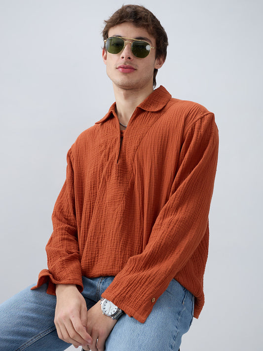 Rust Double Cloth Cuffless Oversized Shirt