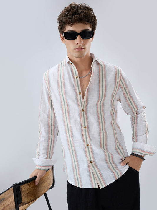 Olive Multi Striped Slub Textured Shirt