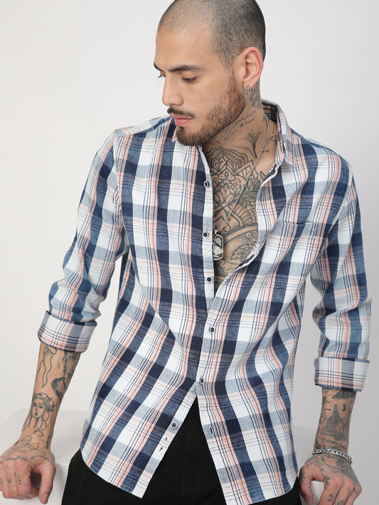 Denim Peach & Navy Plaid Checks Shirt