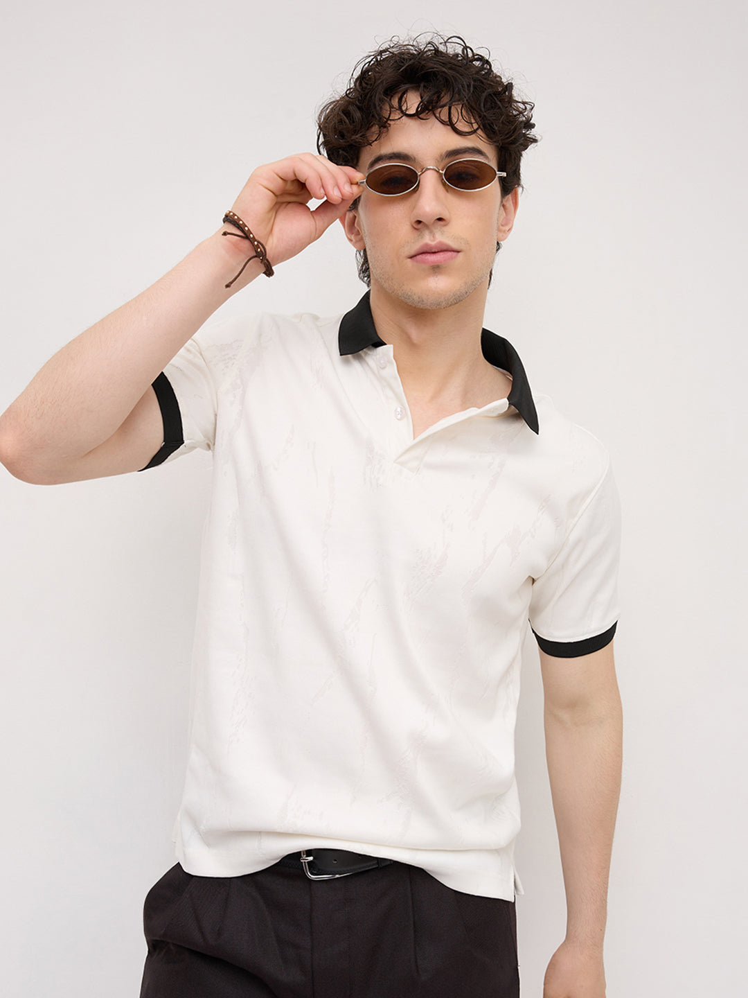 Intricate White Textured Contrast Polo Knit T-Shirt
