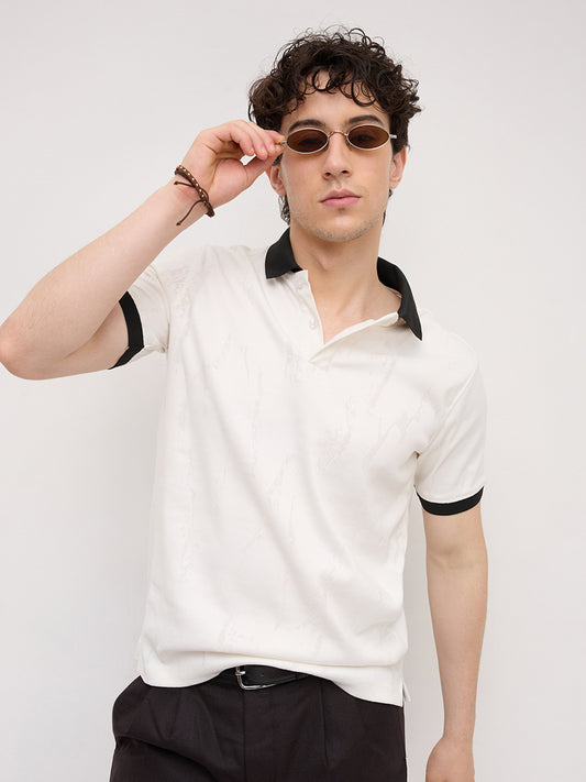 Intricate White Textured Contrast Polo Knit T-Shirt