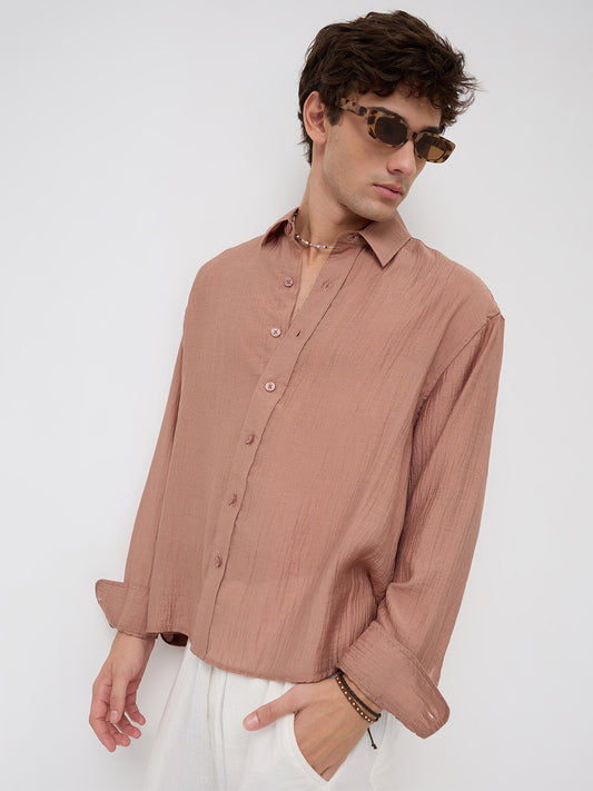 Burnt Clay Sheen Crinkled Boxy Fit Crop Shirt