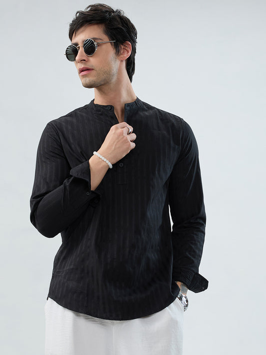 Jet Black Glossy Striped Kurta