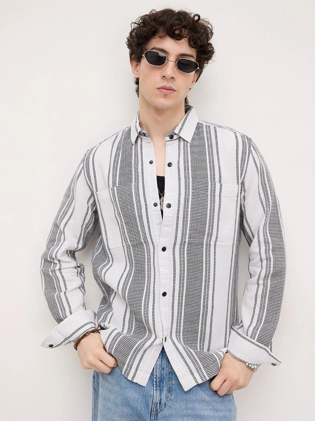 Refined White Double Pocket Waffle Striped Shirt