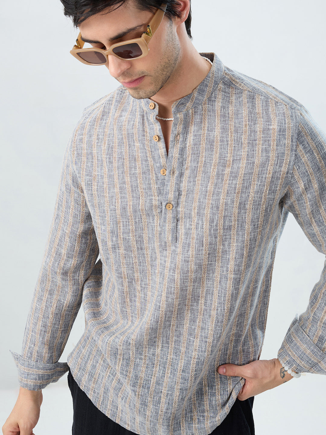 Misty Grey Trail Burlap Striped Kurta