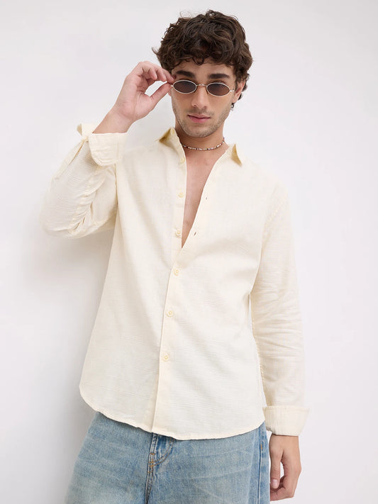 Pearl Cream Micro Grid Weave Textured Shirt