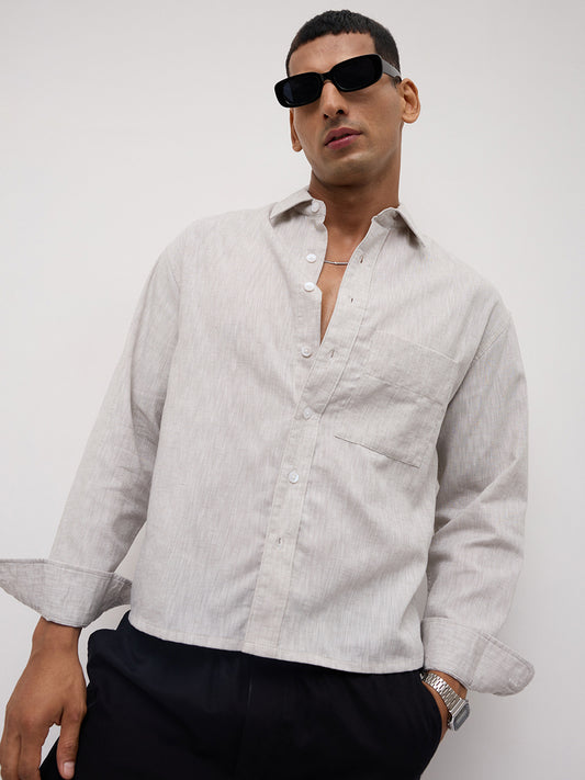 Grey Melange Textured Boxy Fit Crop Shirt