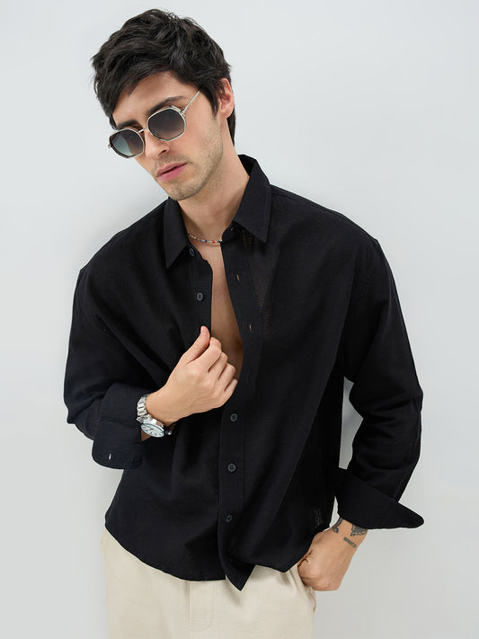 Jet Black Sheer Weave Boxy Fit Crop Shirt