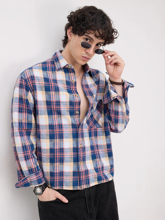 Luxe Denim Coral Pink Plaid Checks Boxy Fit Crop Shirt
