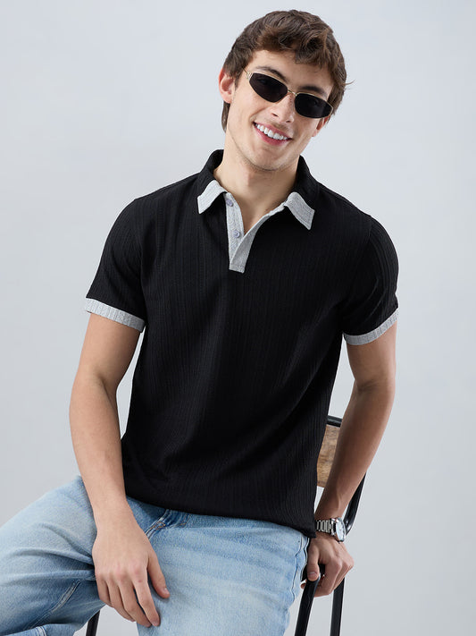 Rich Black Contrast Polo Neck Knit T-shirt