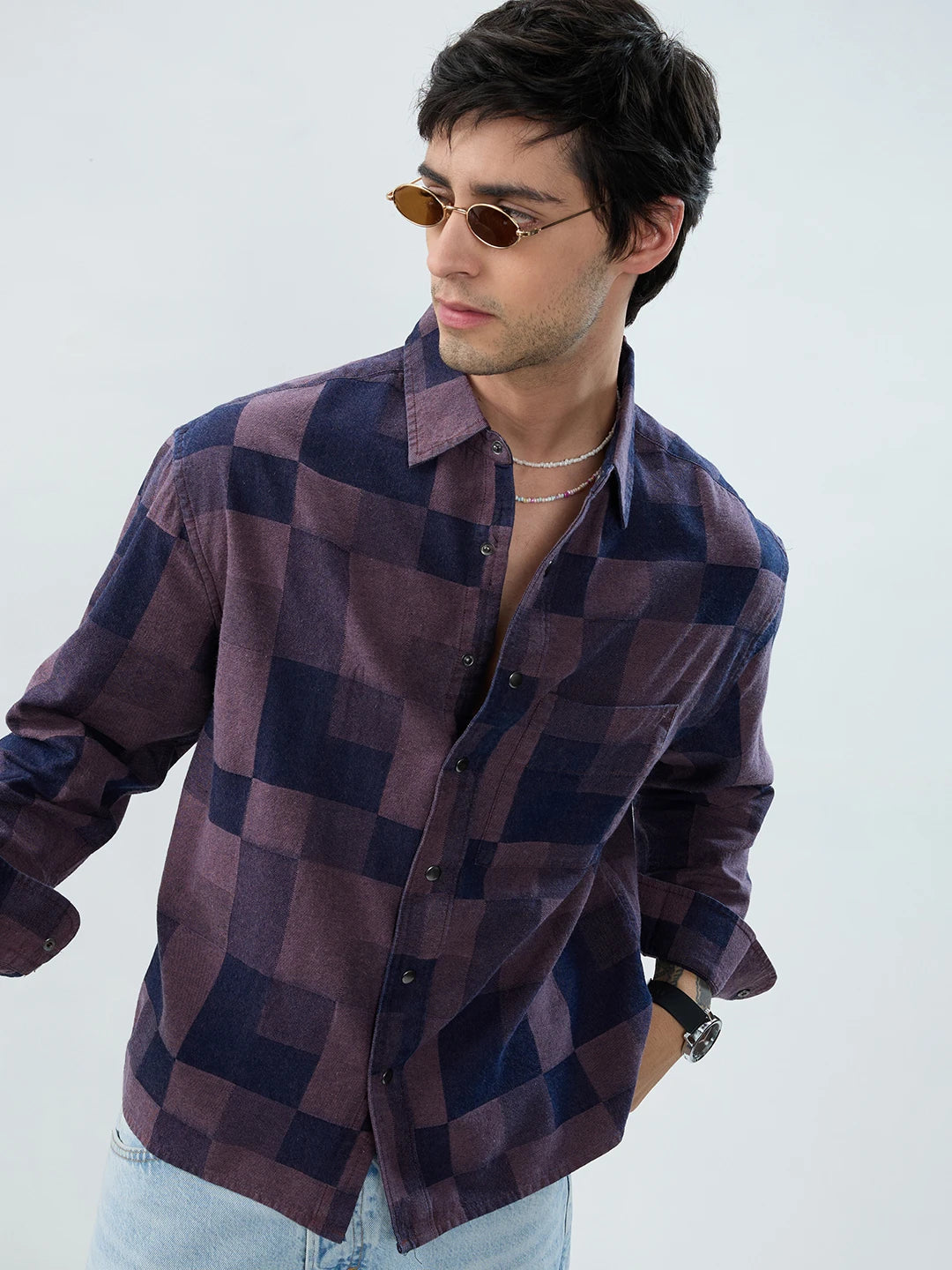 Premium Brown Acid Wash Denim Checks Boxy Fit Crop Shirt