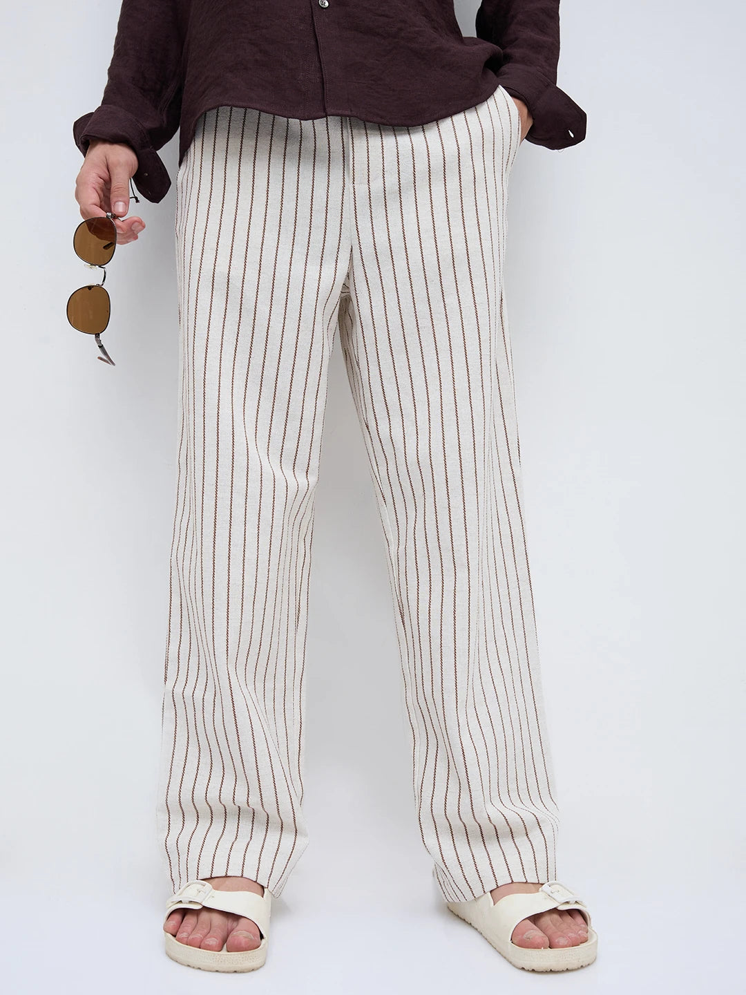 Artistic Ivory & Brown Burlap Striped Straight Fit Trousers