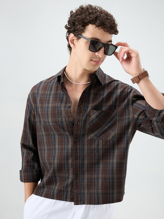 Rich Brown Multi Line Checks Boxy Fit Crop Shirt