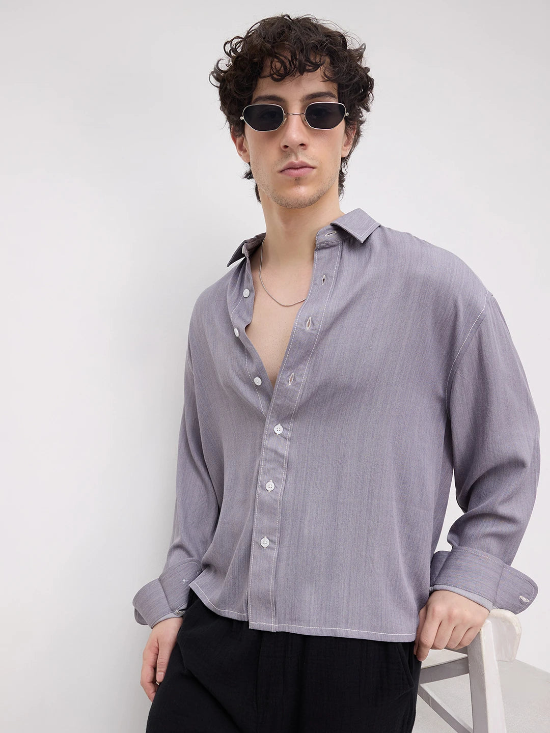 Rich Graphite Grey Softgrain Weave Boxy Fit Crop Shirt