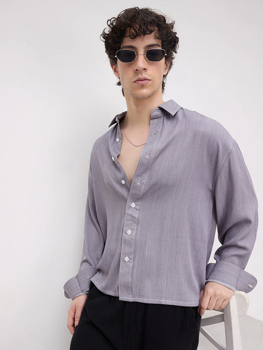 Rich Graphite Grey Softgrain Weave Boxy Fit Crop Shirt