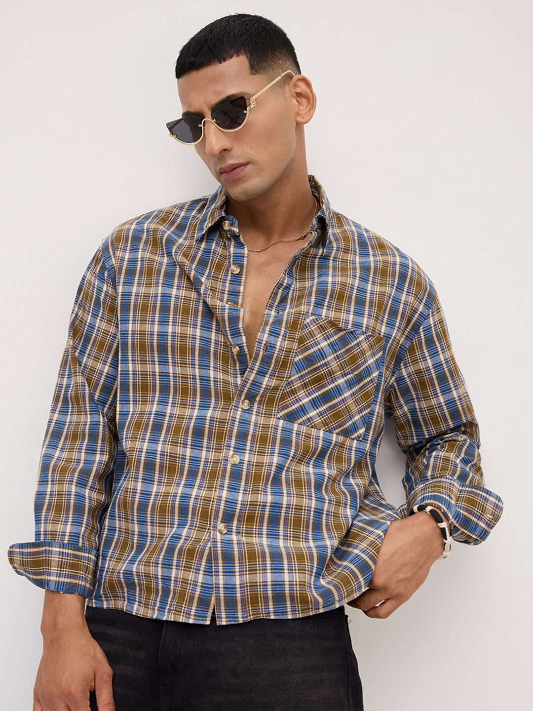 Denim Blue & Olive Checks Linen Blend Boxy Fit Crop Shirt