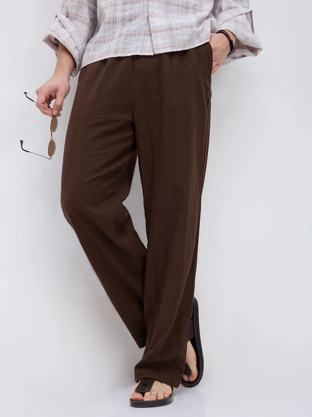 Luxe Brown Seersucker Striped Straight Fit Trousers