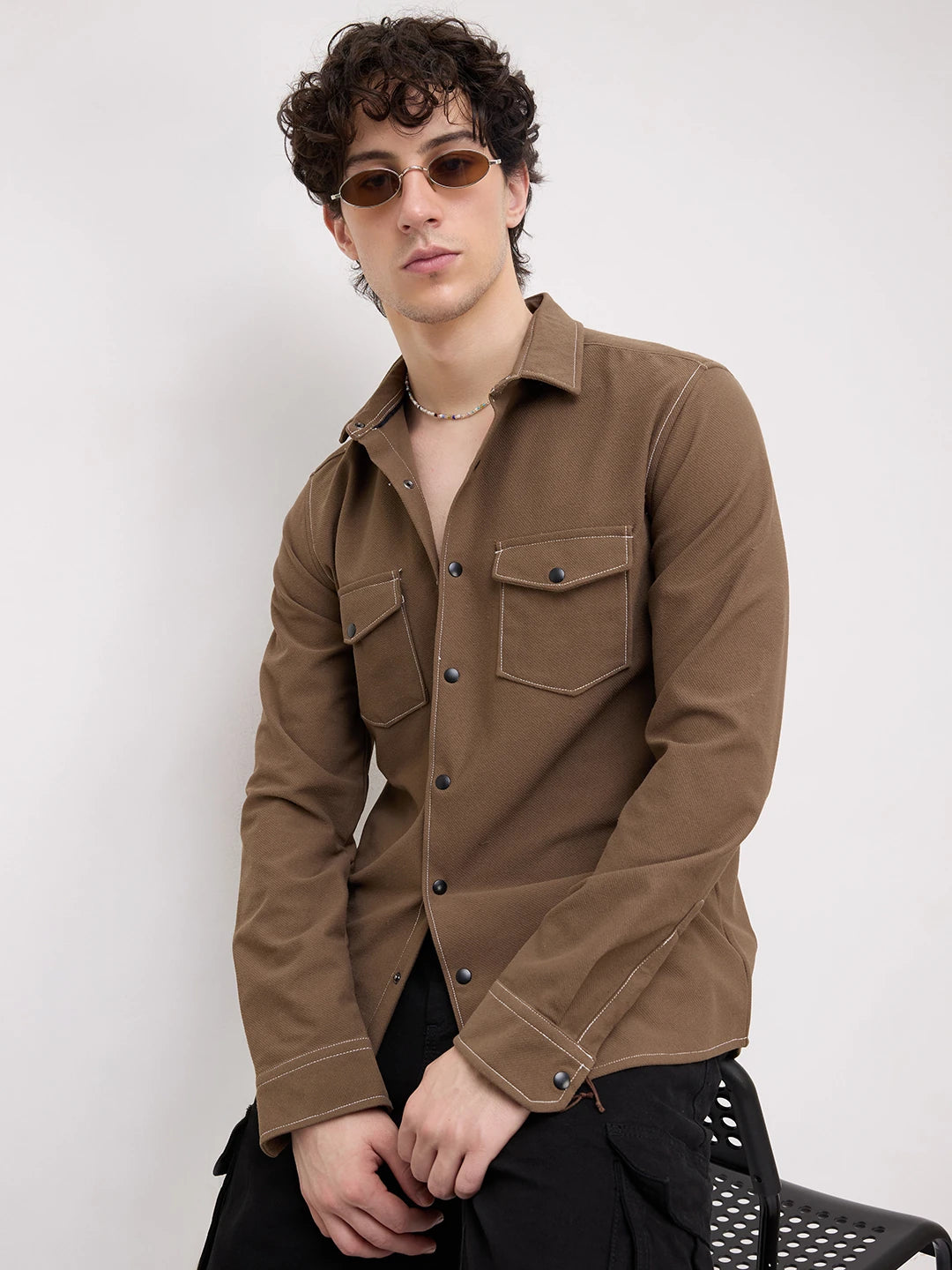 Walnut Brown Twin Pocket Knitted Overshirt