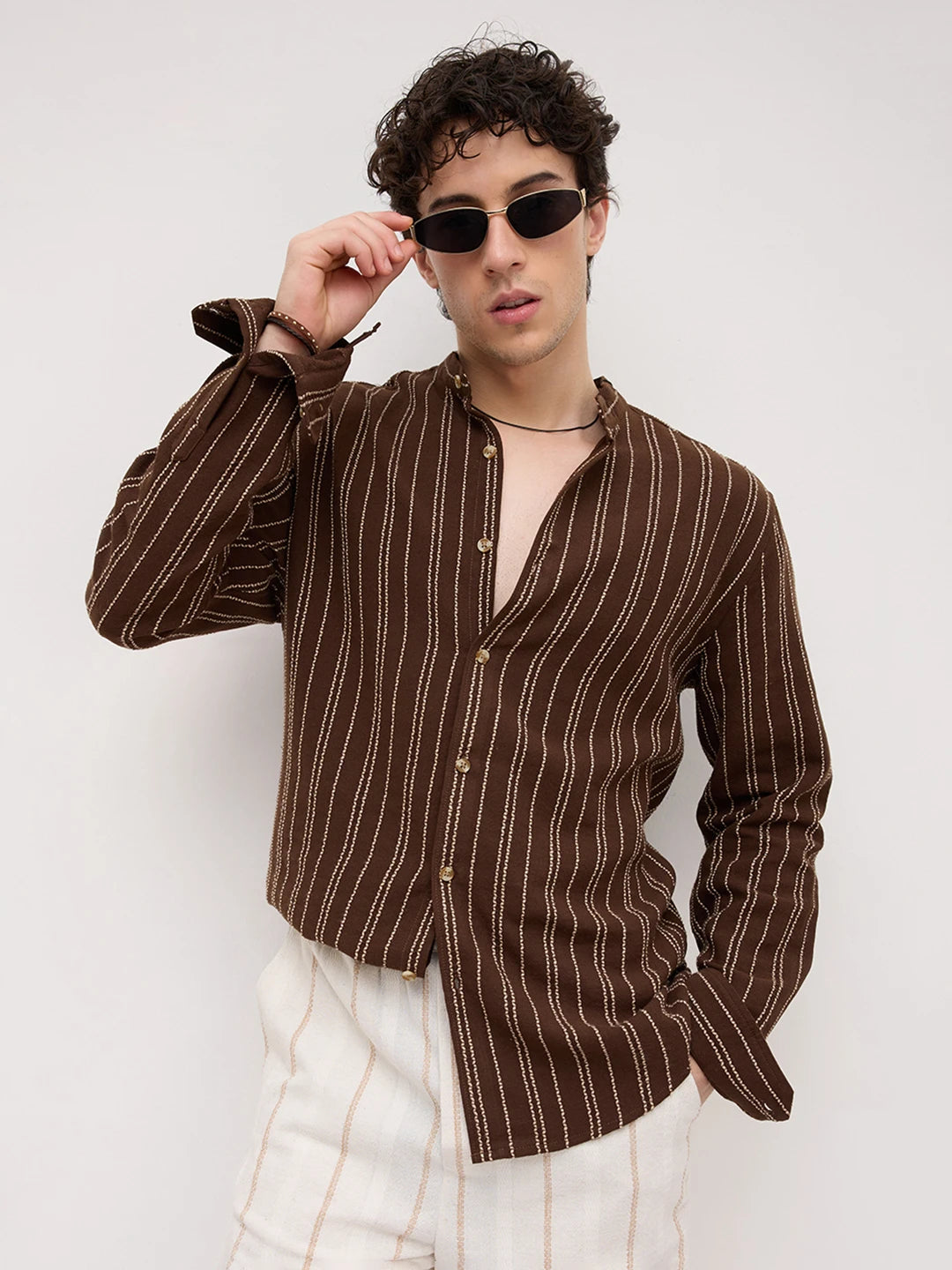 Brown & Beige Embroidered Striped Mandarin Shirt