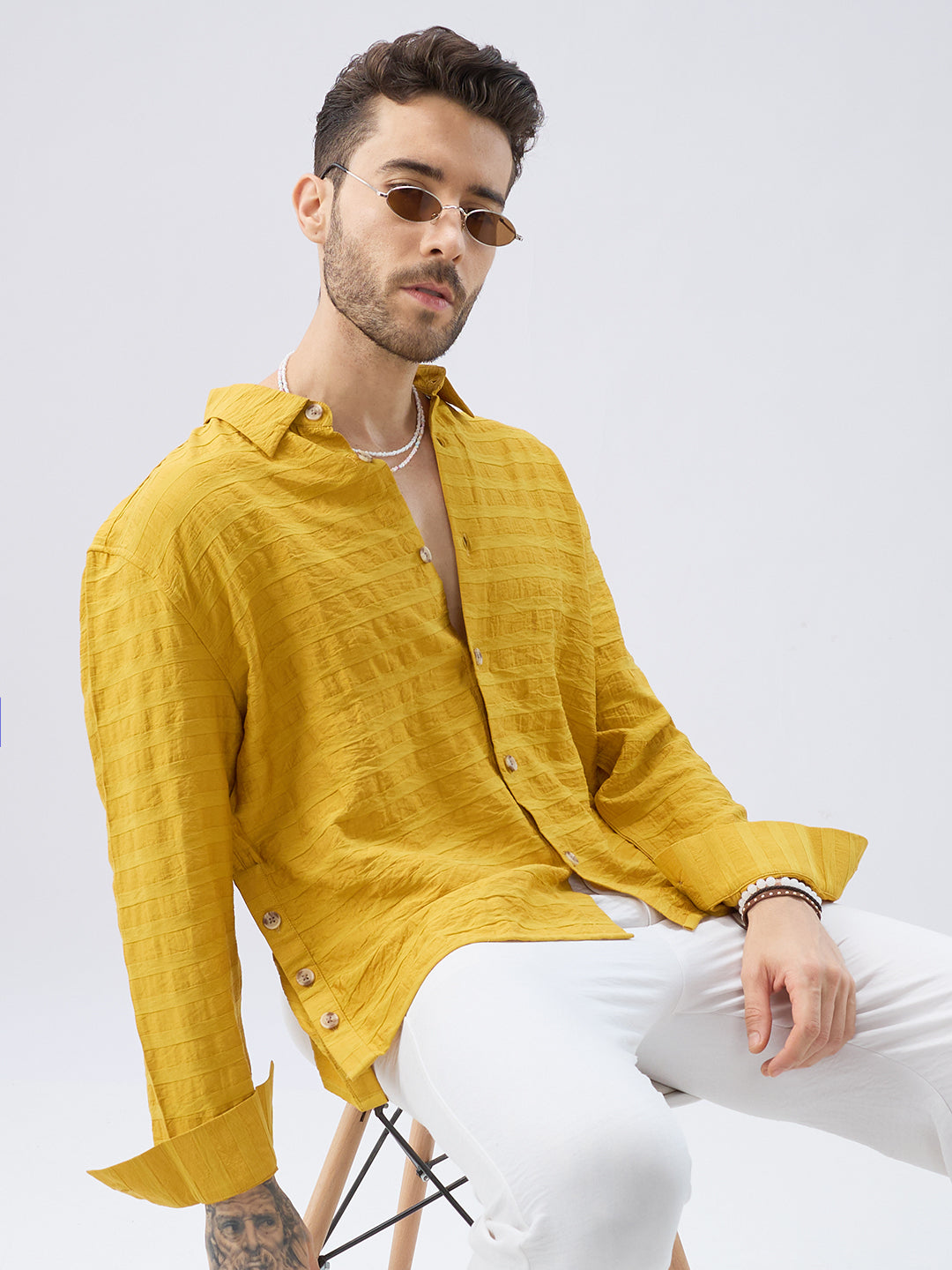 Golden Hour Textured Side-Slit Button Oversized Crop Shirt