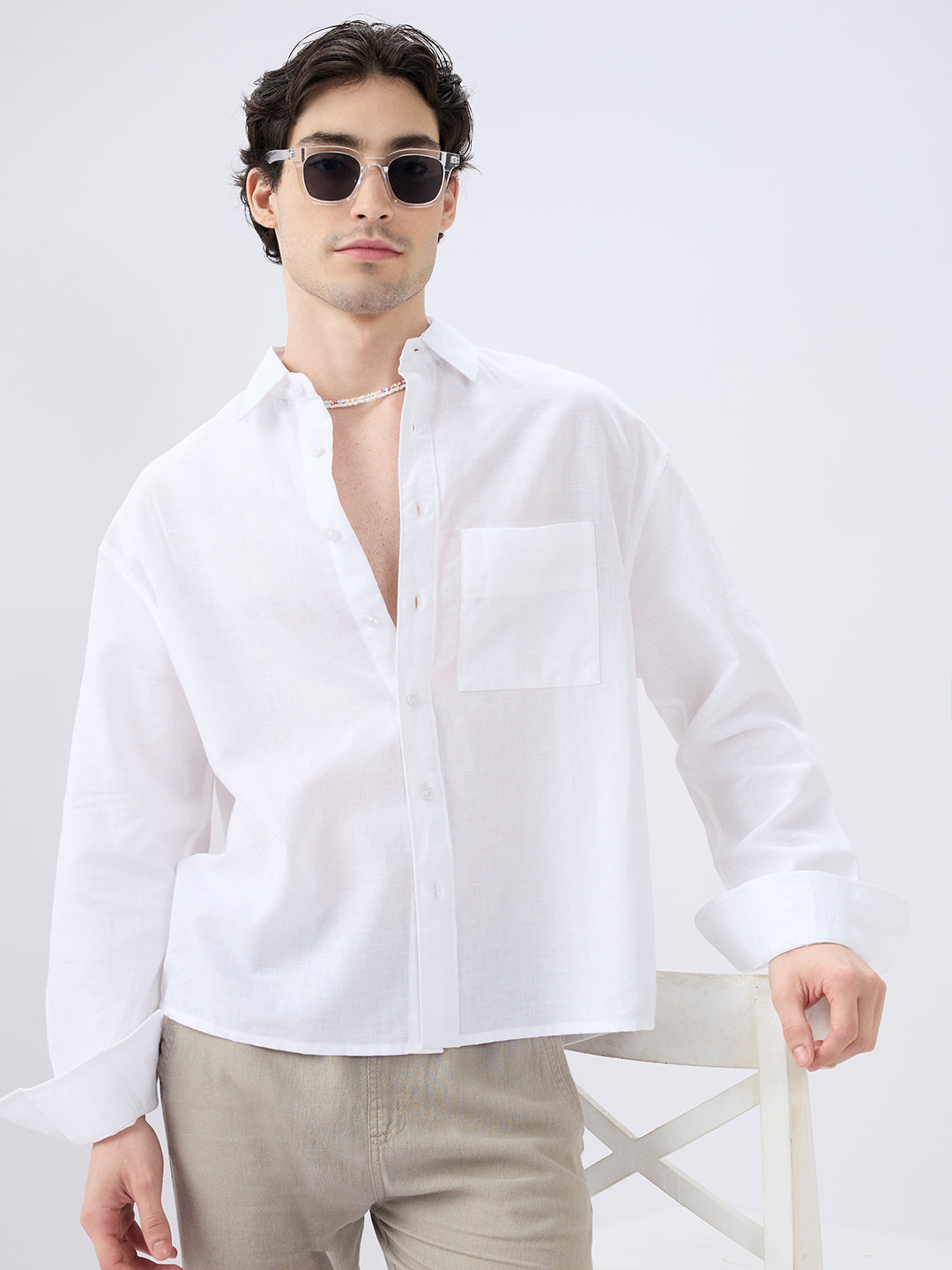 Pristine White Linen Textured Boxy Fit Crop Shirt