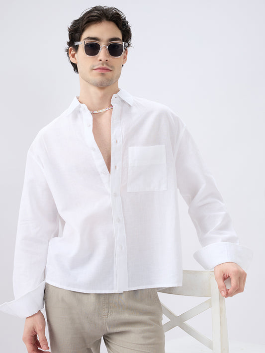 Pristine White Linen Textured Boxy Fit Crop Shirt