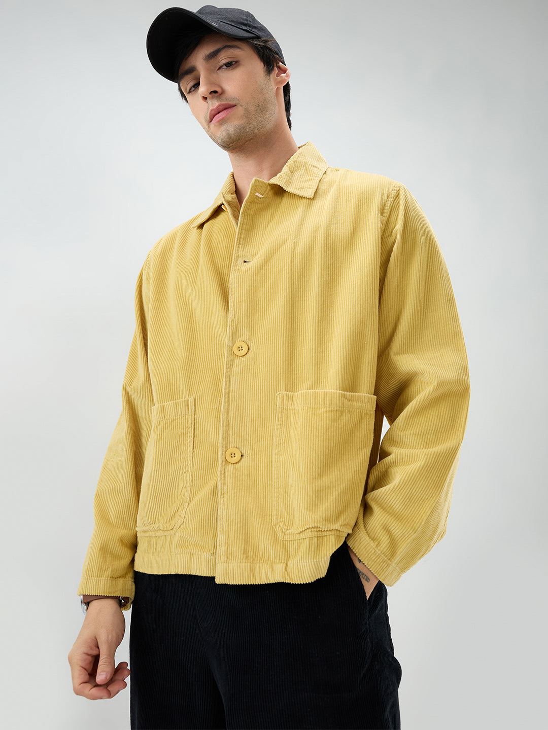 Sunmelt Mustard Corduroy Oversized Double Pocket Crop Shacket