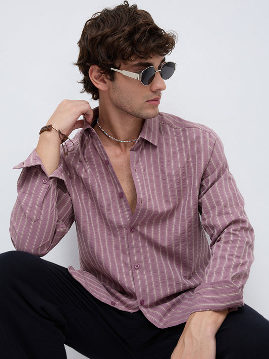 Luxe Raspberry Seersucker Glace Motif Contrast Embroidered Shirt