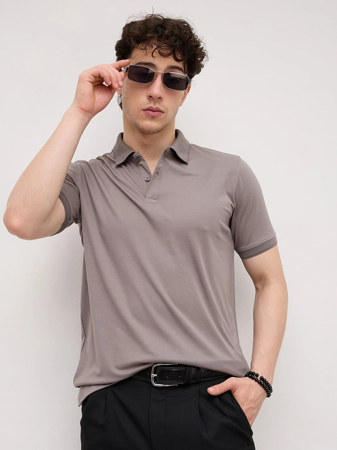 Solid Stone Grey Honeycomb Polo Neck Knit T-Shirt