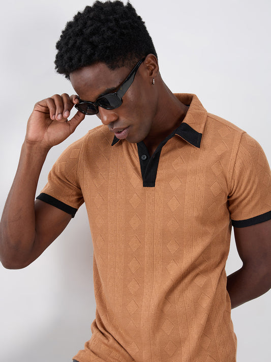 Warm Brown Diamond Weave Contrast Polo Knit T-shirt