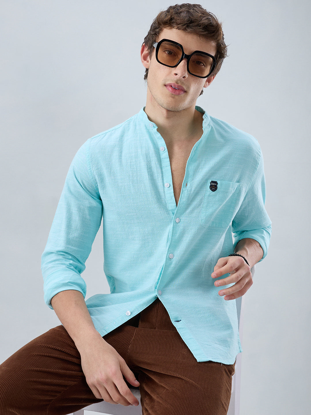 Spring Green Textured Mandarin Collar Shirt